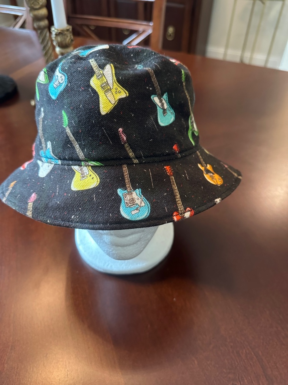 Jeremy Scott Black Bucket Hat with Pink and Green Guitar Motif